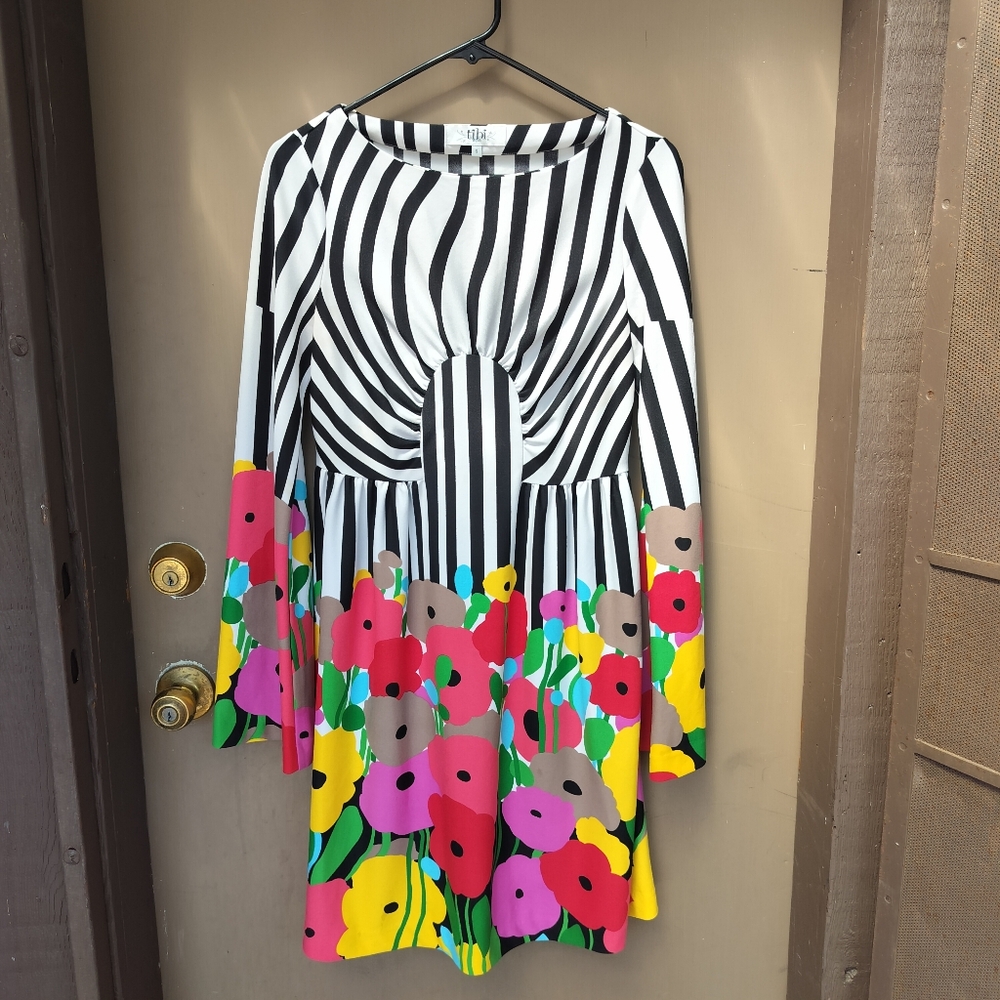 Tibi Colorful Striped Floral Long‎ Sleeve Dress